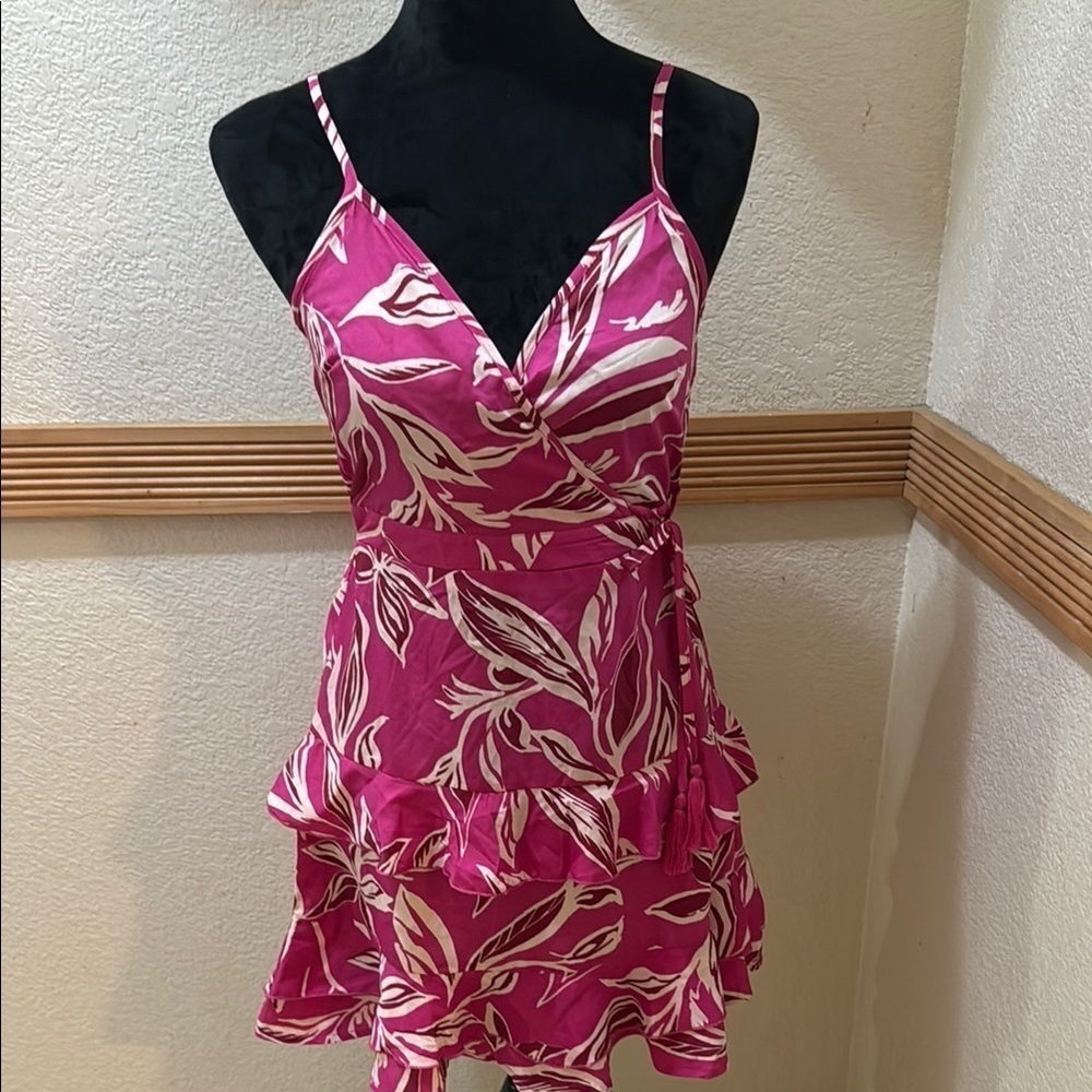 Women's Pink Floral Wrap Tiered Mini Dress